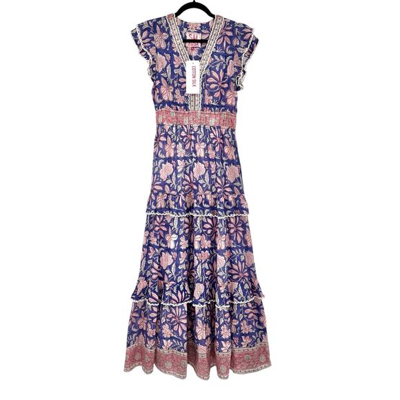 NWT Sal Rosa Womens Boho Hand Block-Printed Floral Tiered Maxi Dress Size M $235 - Picture 1 of 12
